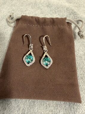 Sterling Teardrop Earrings with Teal Crystal Centers